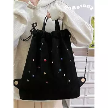 2024 новый дизайн нишевая женская сумка сумка матовый флис сращивание цветной драгоценный камень цепь рюкзак шнурок чёрный