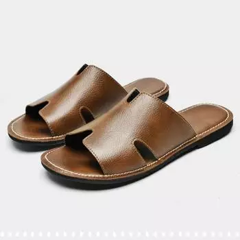 2024 New Designer Men Genuine Leather Slipper Summer Fashion Slides Simple Sandals Comfortable Cool Beach Shoes 38 чёрный