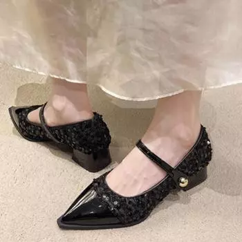2024 New Designer Spring and Fall Women Mary Jane Shoes Ladies Fashion Pointed Toe Thick Heel Women s Comfort Office Pumps Shoes 35 чёрный