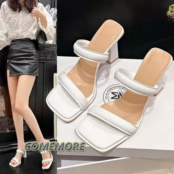 2024 New Designer Summer Pumps Slippers Sandals Shoes Women s High Heels Square Toe Luxury Sandal Lady Shoes Woman Fashion White 35 белый