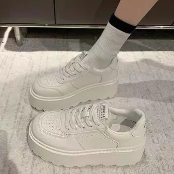 2024 New Designer Women s Leather Thick Sole Casual Shoes Fashion Solid Color Thick Heel Sneakers Flat Sole Sneakers for Women 35 бежевый