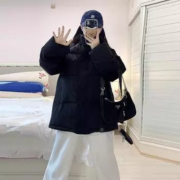 2024 новая одежда из хлопка для женщин корейской версии с воротником-стойкой в гонконгском стиле, маленькая утолщенная теплая одежда из хлопка для женщин розового цвета S розовый