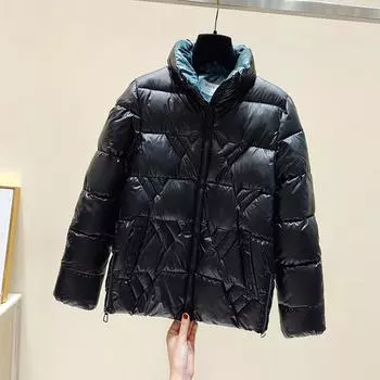 2024 новый пуховик из хлопка, утолщенная короткая куртка с воротником-стойкой, куртка с хлопковой подкладкой, одежда для мам, куртка для хлеба, маленькая зимняя куртка M чёрный