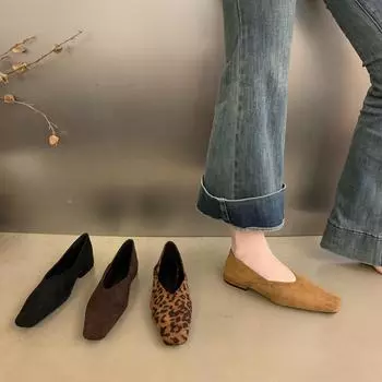 2024 new early autumn new square head leopard print side V flat bottom one pedal single shoes women s soft leather Korean version small leather shoes 35 леопардовый