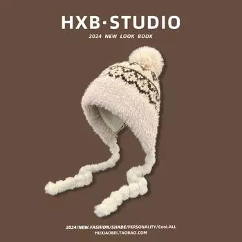 2024 new ethnic style jacquard plush Lei Feng hat women s autumn and winter warm ear protection couple thickened knitted wool hat M56-58cm бежевый