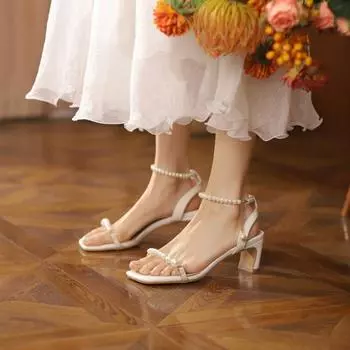 2024 New Fairy Wind Pearl Sandals Korean Version Summer Thick High-heeled Buckle Square Open-toe Women s Sandals Open Toe Shoes 35 белый
