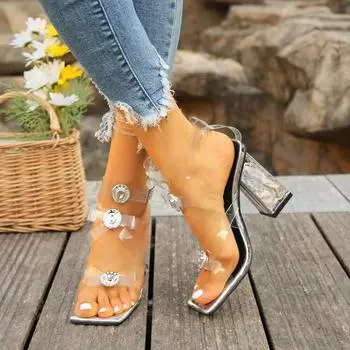 2024 New Fashion Buckle Bowknot Transparent Sandals Women Clear Platform Shoe Sexy Square Toe Pole Dance Chunky High Heels 35 серебряный