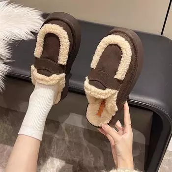 2024 new fashion color matching thick-bottomed bag head Mao Mao slippers women s autumn and winter leisure home wear cotton mop 35 чёрный
