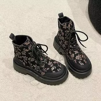 2024 New Fashion Color Matching Women s Boots Comfortable Round Toe Lace-up Mid-heeled Fashion Boots Spring and Autumn 35 золотой