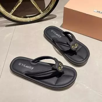 2024 New Fashion Drag Women s Summer Fashion Wear-resistant Soft Sole Thickened Wedge Drag Simple Korean Style Beach Sandals 35 бежевый