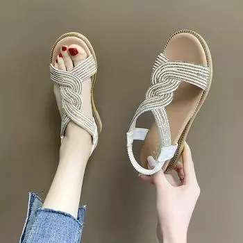 2024 New Fashion Flat Woman Sandals Shoes Round Toe Summer Shoes Women 4cm Heel Diamond Decoration Slip On Size 35-40 35 бежевый