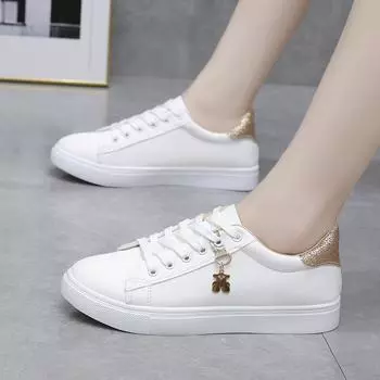 2024 Новая мода на шнуровке женская спортивная обувь женская повседневная обувь принтованные летние женские туфли из искусственной кожи на плоской подошве 35 золотой