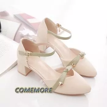 2024 Новые модные женские сандалии из искусственной кожи, мягкие, высокого качества, элегантные, на среднем каблуке, повседневные, роскошные, дизайнерские туфли с пряжкой и ремешком для женщин 34 абрикосовый