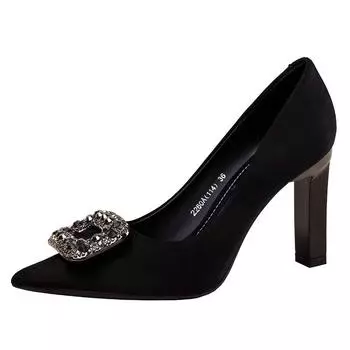 2024 New Fashion Large Size Shoes Comfortable High Heels Pointed Toe Shallow High Heels Thick Heel Casual Women s Shoes 34 чёрный
