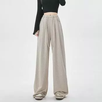 2024 New Fashion Loose Wide-leg Pants for Women Loose Sports Drawstring Straight Casual Sweat Pants Autumn Simple Solid Color Trousers 2392 S темно-серого