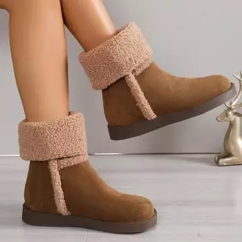 2024 Новые модные зимние ботинки с круглым носком, легкие и универсальные, на плоской подошве, однотонные женские ботинки, удобные в носке 35 чёрный