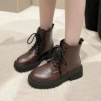 2024 New Fashion Round-toe Women s Boots Solid Color Lace-up Thick-soled Versatile Warm Spring and Autumn Fashion Boots Zapatos 35 коричневый