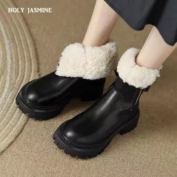2024 New Fashion Side Zipper Women Ankle Boots Winter Warm Wool Genuine Leather Thick Heels Working Casual Outdoor Shoes Woman 34 чёрный