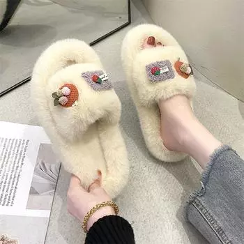 2024 New Fashion Soft Cotton Slippers Women Cute Fruit Cute Strawberry Design Furry slippers Women Kawaii Cozy Warm Home Slipper 35