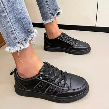 2024 Новая модная однотонная женская спортивная обувь на неглубокой шнуровке с круглым носком и плоским дном, универсальная женская обувь 35 чёрный