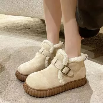 2024 New Fashion Solid Color Women s Boots Flat Warm Boots Women s New Thick-soled Shoes Winter Trend Ankle Boots Casual Snow 35 бежевый