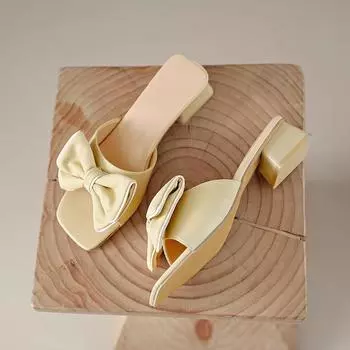 2024 New Fashion Square Toe Open Toe Women s Slippers Bow Decorated Thick Heel Comfortable Outer Dress Women s Shoes 34 жёлтый