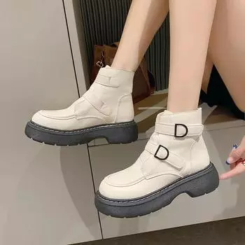 2024 New Fashion Summer Women s Boots Double Buckle Square Heel Sleeve Spring and Autumn Women s Boots Zapatos De Mujer 35 бежевый