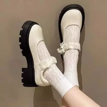 2024 New Fashion Versatile Round Head Female Mary Jane Comfortable Thick Bottom Bow Shallow Mouth Spring and Autumn Zapatos 35 бежевый