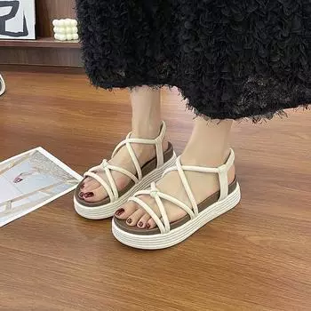 2024 new fashion versatile soft-soled Roman shoes with skirt sandals retro French platform open-toed sandals women 35 чёрный