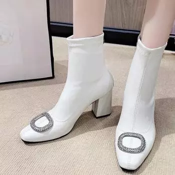 2024 New Fashion Versatile Women s Boots Solid Color Square Buckle Rhinestone Decorated Square Toe Women s Fashion Boots 35 бежевый