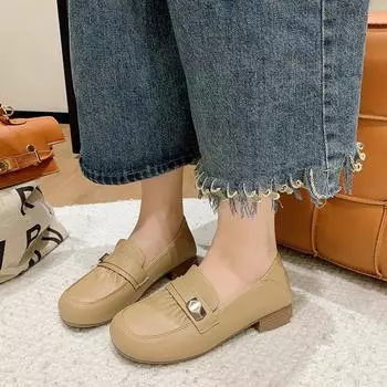 2024 New Fashion Women Loafers Black Beige Vintage Metal Plate Pearl Smoking Shoes Causal Ladies Flats Spring Summer Moccasins 35 чёрный