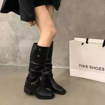 2024 New Fashion Women s Boots Autumn Winter Retro Modern Women Round Toe Solid Color Ladies Mid-calf Shoes Botas Mujer 35 чёрный