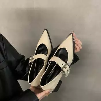 2024 New Fashion Women s Low Heel Hasp Ballerina Pointy Single Shoes with Thick Sole Lightweight High-end Woman Shoes 35 бежевый