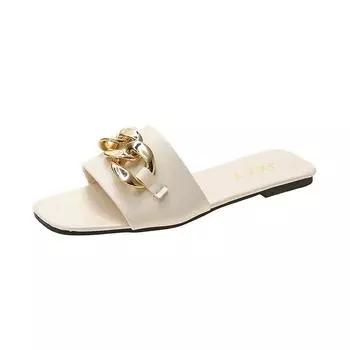 2024 New Fashion Women s Slippers Square Toe Chain Flat Flip Flops Metal Decoration Casual Shoes 35 бежевый