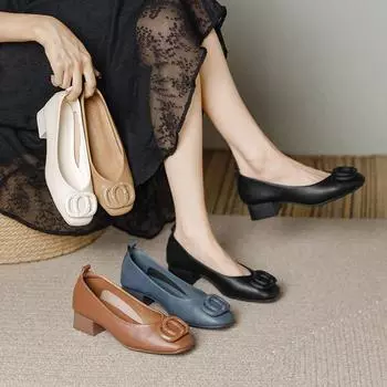 2024 new fashionable and foreign style versatile leather thick heel square head shallow mouth temperament simple breathable soft sole women s s 35