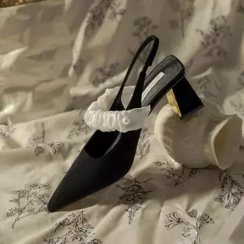 2024 New Fashionable Spring/Summer Women s High Heel Shoes Pointed, Sexy Folded, Pearl Needle Buckle, Thick Heel, Baotou Sandals 34 чёрный