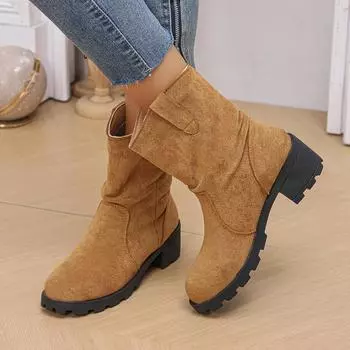 2024 New Fashionable Winter Round Head Splicing Wrinkle Simple Design Large Casual Suede Women s Mid Top Boots 36-43 36 бежевый