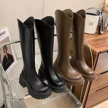 2024 New Fashionable Women Boots Heel Knee High Boots Zip Punk Motorcycle Women Autumn Winter Square Root Long Boots Women 35 чёрный