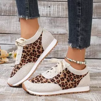 2024 new flat-bottomed leopard print lace-up casual sports shoes women s foreign trade large-size low-top single shoes running shoes 36 чёрный