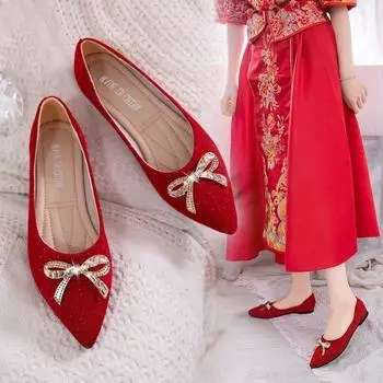 2024 New Flat Wedding Shoes Bride Shoes Flat Wedding Women Single Pointed Gold Bridesmaid Shoes 35 чёрный