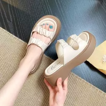 2024 new French heightening slippers outer wear Internet celebrity explosion soft bottom thick bottom casual fashion drag one-word slippers women 35 чёрный