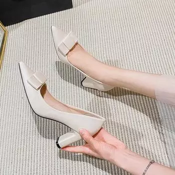 2024 New French Style High Heels Pumps Women Fashion Bowknot Pointed Shallow Mouth Design Thick High Heels Ladies Elegant Pumps 34 абрикосовый