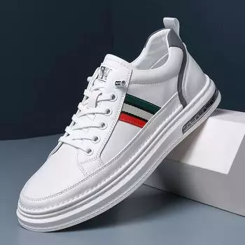 2024 Новые мужские повседневные туфли из натуральной кожи, высококачественные полосатые, удобные белые туфли для скейтбординга на плоской подошве, мужские кроссовки из коровьей кожи 38 белый