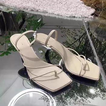 2024 New Genuine Leather Retro Square Toe Pinch Sandals Fashion High Heel Slippers Women Women s sandals 34 чёрный