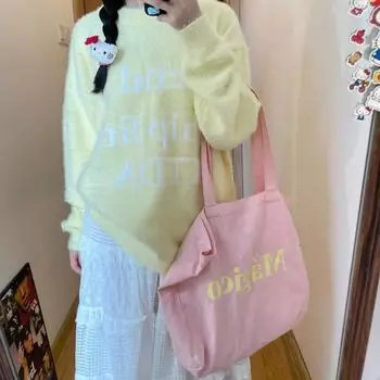 2024 New Girl Pink Versatile Cute Girl Student Tote Bag ins Day Lemon Yellow Letter Shoulder Canvas Bag розовый