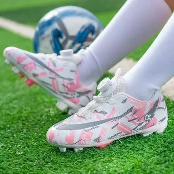 2024 new girls and boys football shoes TF broken nails children s pink student Velcro rotating button training shoes 28