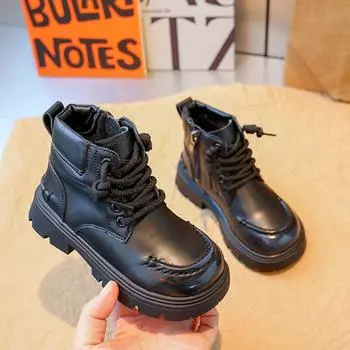 2024 New Girls Boots British Style Thick Soled Children s Autumn Boots Fashion Non-slip Kids Black School Leather Boot Round-toe 26 чёрный