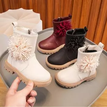 2024 New Girls Boots Flowers Cute Kids Versatile Side Zipper Non-slip Solid Color Drop Shipping Children Fashion Princess Shoes 26 бежевый