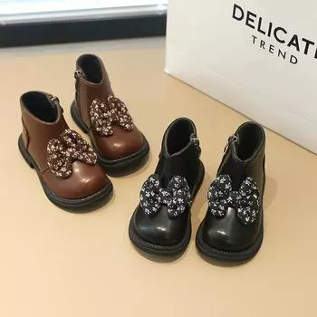 2024 New Girls Boots Versatile Floral Print Bow Simple Children Ankle Boots Side Zipper Fashion Kids Chelsea Boots Drop Shipping 21 коричневый