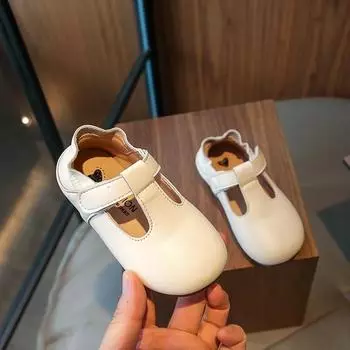 2024 New Girls Flats Pleated Korean Style Round-toe Versatile Soft Children Fashion Moccasin Shoes T-Strap Cute Kids Casual Shoe 22 бежевый